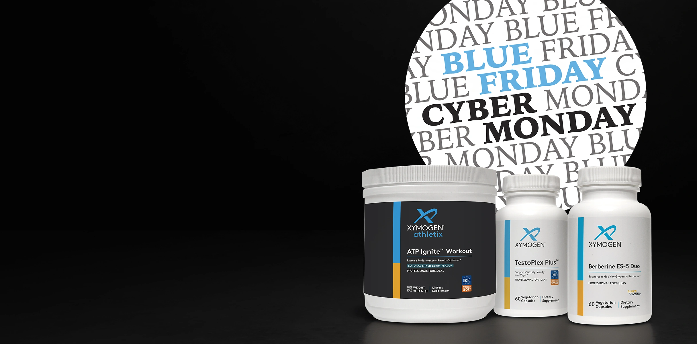 ATP Ignite Workout, TestoPlex Plus, and Berberine ES-5 Duo displayed in front of a Blue Friday/Cyber Monday graphic